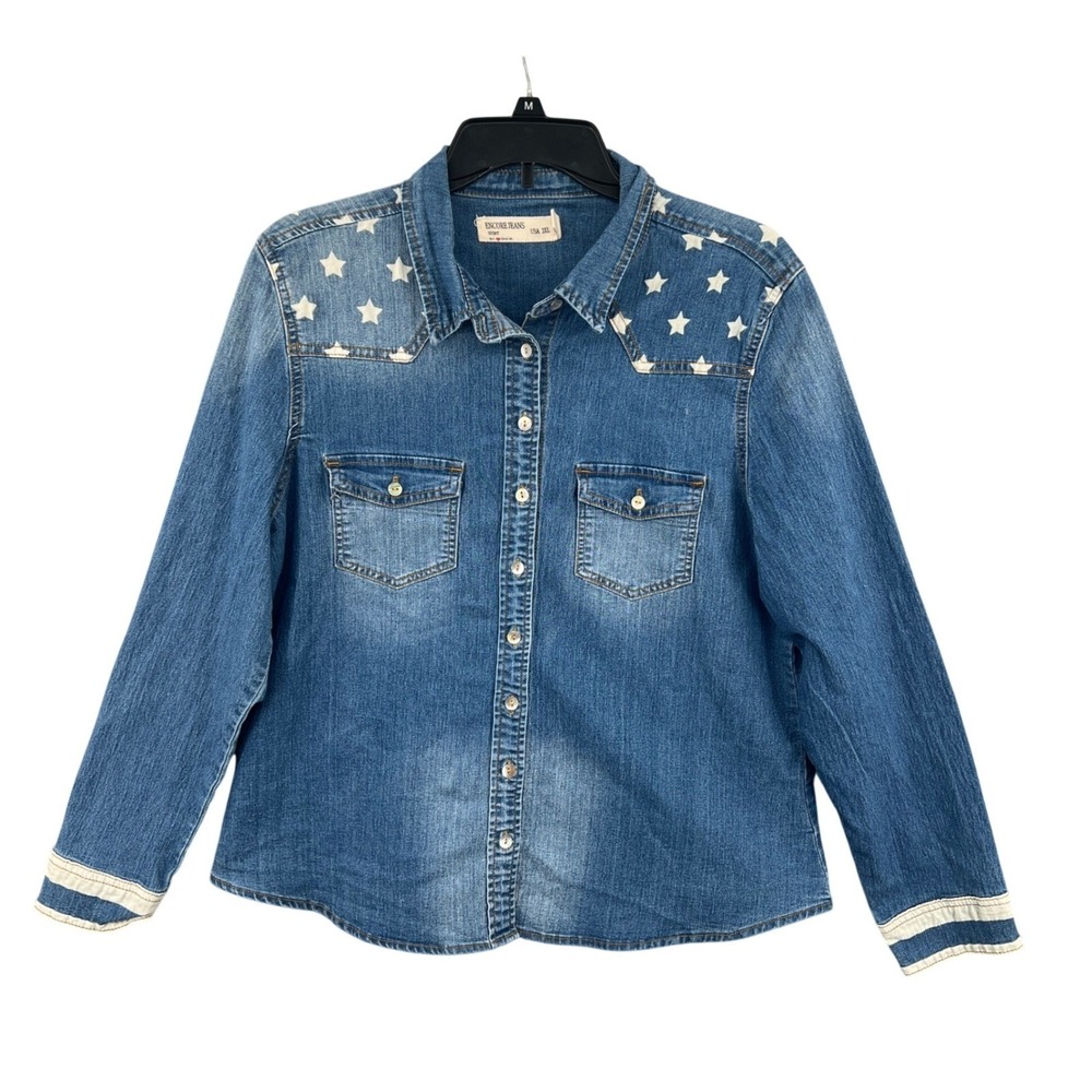 Encore‎ Jeans Americana Western Denim Button Up Shirt Stars True Size M/L Y2K